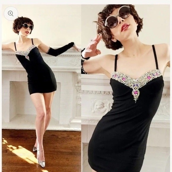 Vintage 90s Contempo Strappy Bodycon Mini Dress S Black Bejeweled Party Clubwear - Picture 3 of 16
